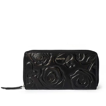 Női olasz rózsanyomott mintás bőr pénztárca, Rosa Leather Wallet Grande, fekete színben