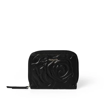 Női olasz rózsanyomott mintás bőr pénztárca, Rosa Leather Wallet Midi, fekete színben