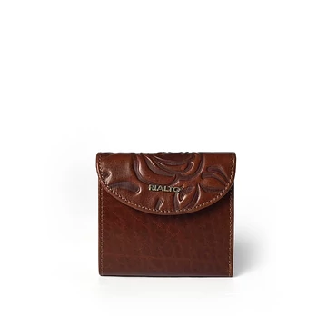 Női olasz rózsanyomott mintás bőr pénztárca, Rosa Leather Wallet Midi, sötétbarna színben