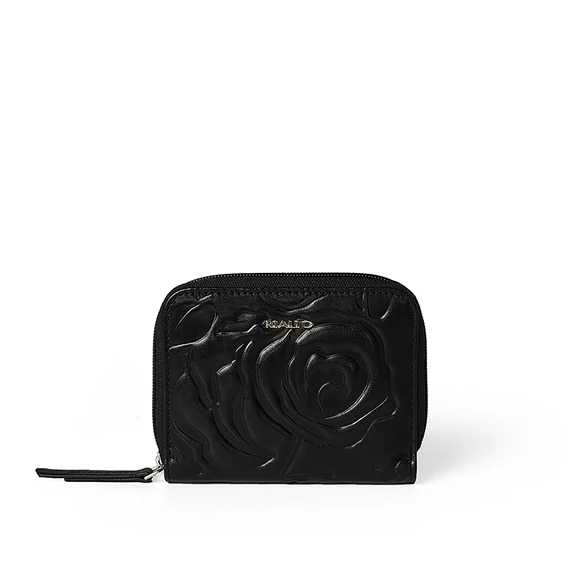 Női olasz rózsanyomott mintás bőr pénztárca, Rosa Leather Wallet Midi, fekete színben