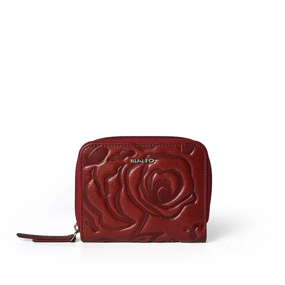 Női olasz rózsanyomott mintás bőr pénztárca, Rosa Leather Wallet Midi, piros színben