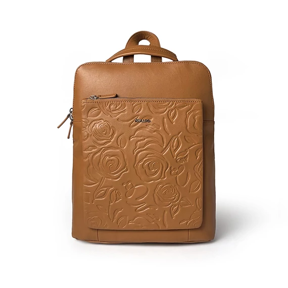 Női olasz rózsanyomott bőr hátitáska, Rosa Backpack Maxi, világosbarna színben