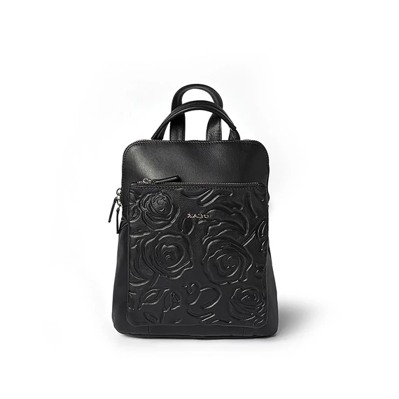 Női olasz rózsanyomott bőr hátitáska, Rosa Backpack Piccola, fekete színben