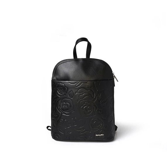 Női olasz rózsanyomott bőr hátitáska, Rosa Backpack Midi, fekete színben